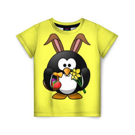 Детская футболка 3D с принтом Пасхальный пингвин , 100% гипоаллергенный полиэфир | прямой крой, круглый вырез горловины, длина до линии бедер, чуть спущенное плечо, ткань немного тянется | весна | кролик | пасха | пингвин | праздники | яйцо