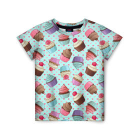 Детская футболка 3D с принтом Милые кексики , 100% гипоаллергенный полиэфир | прямой крой, круглый вырез горловины, длина до линии бедер, чуть спущенное плечо, ткань немного тянется | cupcake | deliciouse | lollipop | strawberry | sweets | yummy | вкусняшки | еда | капкейк | капкейки | клубника | конфета | леденец | сладости | черника
