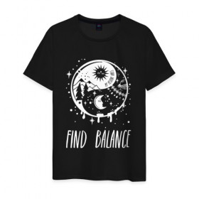 Мужская футболка хлопок с принтом Find balance , 100% хлопок | прямой крой, круглый вырез горловины, длина до линии бедер, слегка спущенное плечо. | Тематика изображения на принте: balance | moon | nature | positive | stars | sun | vibes | баланс | гармония | звезды | инь | луна | небо | природа | символ | солнце | ян