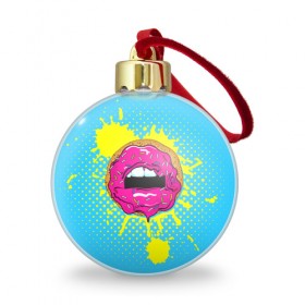 Ёлочный шар с принтом Donut lips , Пластик | Диаметр: 77 мм | donut | kiss | lips | pop art | splash | sweet | брызги | губы | пончик | поп арт