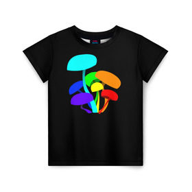 Детская футболка 3D с принтом Цветные грибы , 100% гипоаллергенный полиэфир | прямой крой, круглый вырез горловины, длина до линии бедер, чуть спущенное плечо, ткань немного тянется | Тематика изображения на принте: грибочки | грибы