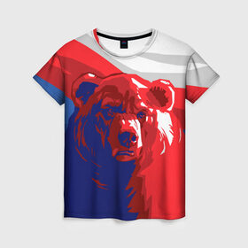 Женская футболка 3D с принтом Российский медведь , 100% полиэфир ( синтетическое хлопкоподобное полотно) | прямой крой, круглый вырез горловины, длина до линии бедер | Тематика изображения на принте: russia | russian bear | патриот | родина | россия | русский медведь | триколор