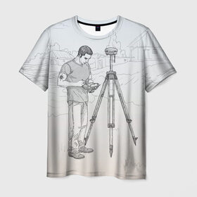 Мужская футболка 3D с принтом Парень с контроллером , 100% полиэфир | прямой крой, круглый вырез горловины, длина до линии бедер | surveyor | геодезист | геодезия