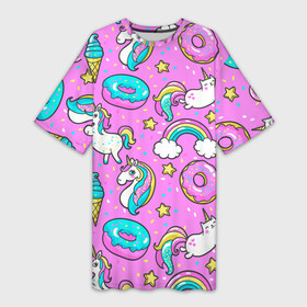 Платье-футболка 3D с принтом Котики и Единороги ,  |  | единорог | мороженое | пони | пончики | радуга | розовый