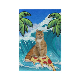 Обложка для паспорта матовая кожа с принтом Сёрфинг на Пицце , натуральная матовая кожа | размер 19,3 х 13,7 см; прозрачные пластиковые крепления | cat | palm | pizza | surfing | wave | волна | животное | кот | пальмы | пицца | серфинг