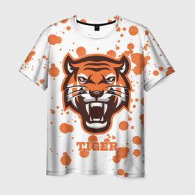 Мужская футболка 3D с принтом Огненный тигр , 100% полиэфир | прямой крой, круглый вырез горловины, длина до линии бедер | дикий | желтый | зверь | злой | лес | охотник | стая | тигр | узор | хищник | черный | шерсть