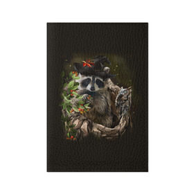 Обложка для паспорта матовая кожа с принтом Енот и сова , натуральная матовая кожа | размер 19,3 х 13,7 см; прозрачные пластиковые крепления | Тематика изображения на принте: дерево | енот | животные | лес | птицы | сова | шляпа