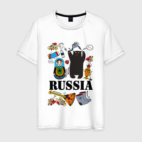 Мужская футболка хлопок с принтом Россия , 100% хлопок | прямой крой, круглый вырез горловины, длина до линии бедер, слегка спущенное плечо. | балалайка | матрёшка | медведь | россия | стереотипы
