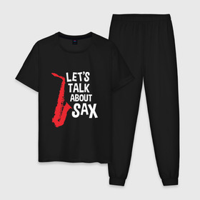 Мужская пижама хлопок с принтом lets talk about sax_black , 100% хлопок | брюки и футболка прямого кроя, без карманов, на брюках мягкая резинка на поясе и по низу штанин
 | Тематика изображения на принте: саксофон | саксофонист