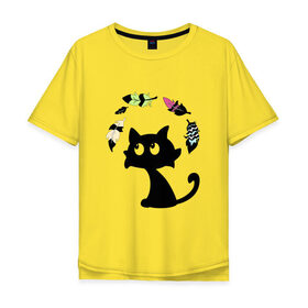 Мужская футболка хлопок Oversize с принтом Котик и перья , 100% хлопок | свободный крой, круглый ворот, “спинка” длиннее передней части | Тематика изображения на принте: воздушный | девушкам. детям | животное | забавный | кот | котейка | котёнок | котик | кошка | летать | милый | перо | пёрышко | чёрный кот
