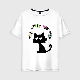 Женская футболка хлопок Oversize с принтом Котик и перья , 100% хлопок | свободный крой, круглый ворот, спущенный рукав, длина до линии бедер
 | воздушный | девушкам. детям | животное | забавный | кот | котейка | котёнок | котик | кошка | летать | милый | перо | пёрышко | чёрный кот