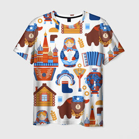 Мужская футболка 3D с принтом Традиционный поп арт , 100% полиэфир | прямой крой, круглый вырез горловины, длина до линии бедер | pop art | style | балалайка | матрешка | медведь | поп арт | яркие | яркое