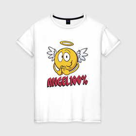 Женская футболка хлопок с принтом ANGEL 100% , 100% хлопок | прямой крой, круглый вырез горловины, длина до линии бедер, слегка спущенное плечо | 100 | angel | ангел | добрая | добрый | крылья | мем | мемас | мемасик | милый | надпись | нимб | процентов | смайл | смайлик | улыбка | эмоджи | эмодзи