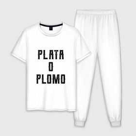 Мужская пижама хлопок с принтом Plata o Plomo , 100% хлопок | брюки и футболка прямого кроя, без карманов, на брюках мягкая резинка на поясе и по низу штанин
 | escobar | loving pablo | эскобар