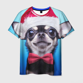 Мужская футболка 3D с принтом рождество , 100% полиэфир | прямой крой, круглый вырез горловины, длина до линии бедер | dog | happy new year | бантик | взгляд | глаза | новый год | пинчер | праздник | санта клаус | собака | той терьер