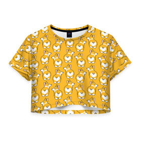 Женская футболка 3D укороченная с принтом Корги Паттерн , 100% полиэстер | круглая горловина, длина футболки до линии талии, рукава с отворотами | друг человека | мимими | оранжевый | пес | попка | собака