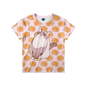 Детская футболка 3D с принтом Блины , 100% гипоаллергенный полиэфир | прямой крой, круглый вырез горловины, длина до линии бедер, чуть спущенное плечо, ткань немного тянется | cat | fat | internet | meme | pancakes | блины | интернет | кот | лупс | мем