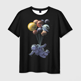 Мужская футболка 3D с принтом Космонавт на Шариках , 100% полиэфир | прямой крой, круглый вырез горловины, длина до линии бедер | galaxy | planet | planets | space | spaceman | star | stars | галактика | галактики | звезда | звезды | космонавт | космос | планета | планеты | шары