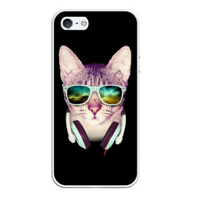 Чехол для iPhone 5/5S матовый с принтом Кот в Наушниках , Силикон | Область печати: задняя сторона чехла, без боковых панелей | cat | cats | kitten | kitty | pussy | диджей | кот | котенок | котик | котики | коты | котята | кошка | кошки | наушники | очки