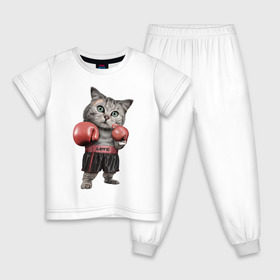 Детская пижама хлопок с принтом Кот боксёр , 100% хлопок |  брюки и футболка прямого кроя, без карманов, на брюках мягкая резинка на поясе и по низу штанин
 | Тематика изображения на принте: боец | бокс | боксёр | кот | котёнок | кошак | кошка | кулак | спорт | шорты