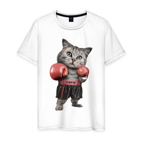 Мужская футболка хлопок с принтом Кот боксёр , 100% хлопок | прямой крой, круглый вырез горловины, длина до линии бедер, слегка спущенное плечо. | боец | бокс | боксёр | кот | котёнок | кошак | кошка | кулак | спорт | шорты