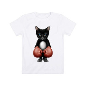 Детская футболка хлопок с принтом Котёнок боксёр , 100% хлопок | круглый вырез горловины, полуприлегающий силуэт, длина до линии бедер | Тематика изображения на принте: боец | бокс | боксёр | кот | котёнок | кошак | кошка | кулак | спорт | шорты