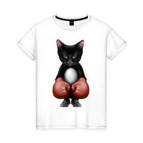 Женская футболка хлопок с принтом Котёнок боксёр , 100% хлопок | прямой крой, круглый вырез горловины, длина до линии бедер, слегка спущенное плечо | боец | бокс | боксёр | кот | котёнок | кошак | кошка | кулак | спорт | шорты