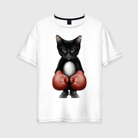 Женская футболка хлопок Oversize с принтом Котёнок боксёр , 100% хлопок | свободный крой, круглый ворот, спущенный рукав, длина до линии бедер
 | боец | бокс | боксёр | кот | котёнок | кошак | кошка | кулак | спорт | шорты