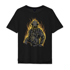 Мужская футболка хлопок Oversize с принтом Пожарный , 100% хлопок | свободный крой, круглый ворот, “спинка” длиннее передней части | Тематика изображения на принте: искры | маска | мужик | мчс | огонь | охрана | пламя | пожар | пожарные | спасатели | топор | шлем