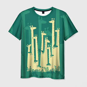 Мужская футболка 3D с принтом Жирафы , 100% полиэфир | прямой крой, круглый вырез горловины, длина до линии бедер | africa | animals | fantasy | giraffes | long | neck | silhouette | spots | stencil | surrealism | аниме | африка | ветки | длинная | животные | жирафы | зелёный | картинка | крутой | листья | лучший | пятна | растения | рисунок | силуэт
