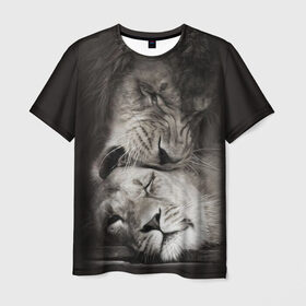 Мужская футболка 3D с принтом Лев и львица , 100% полиэфир | прямой крой, круглый вырез горловины, длина до линии бедер | животные | кот | кошка | лев | львица | оскал | природа | рык | рычит | хищник