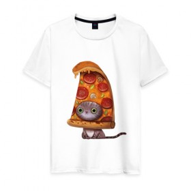 Мужская футболка хлопок с принтом Котенок - пицца , 100% хлопок | прямой крой, круглый вырез горловины, длина до линии бедер, слегка спущенное плечо. | арт | грибы | колбаса | котенок | кусок | пицца | рисунок | тесто