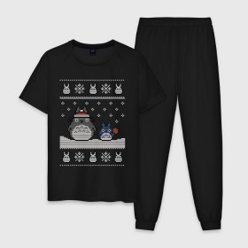 Мужская пижама хлопок с принтом New Year Totoro , 100% хлопок | брюки и футболка прямого кроя, без карманов, на брюках мягкая резинка на поясе и по низу штанин
 | 2019 | дед мороз | дом | елка | желание | животные | зима | кабан | милый | мороз | настроение | новый год | пеппа | подарок | позитив | поросенок | праздник | радость | рождество | санта клаус | свинка