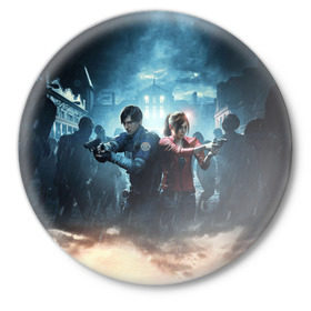 Значок с принтом Resident Evil 2 ,  металл | круглая форма, металлическая застежка в виде булавки | Тематика изображения на принте: 2 | 2019 | resident evil | герои | игра | клер | клэр | леон | обитель зла | пистолеты | постер | ремейк