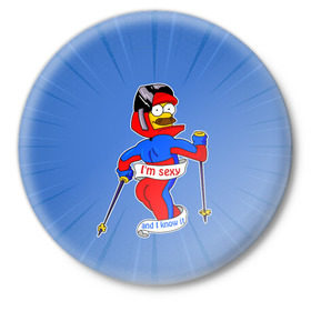 Значок с принтом Нед Фландерс Симпсоны ,  металл | круглая форма, металлическая застежка в виде булавки | simpsons | зима | лыжник | недфландерс | симпсоны | спорт | фландерс