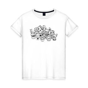 Женская футболка хлопок с принтом Белые кактусы , 100% хлопок | прямой крой, круглый вырез горловины, длина до линии бедер, слегка спущенное плечо | 