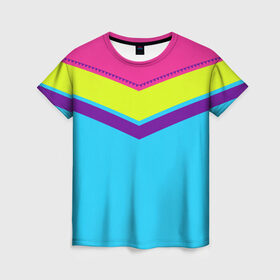 Женская футболка 3D с принтом Цветные треугольники_голубой , 100% полиэфир ( синтетическое хлопкоподобное полотно) | прямой крой, круглый вырез горловины, длина до линии бедер | кислотные костюмы | кислотные цвета | неон | флуоресцентные принты
