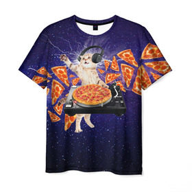 Мужская футболка 3D с принтом Пицца - Кот , 100% полиэфир | прямой крой, круглый вырез горловины, длина до линии бедер | cat | galaxy | lightning | pizza | грозовой кошак | диджей | космос | кот | котики | котэ | кошак | метеориты | молния | пицца | прикол | приколы с котами | прикольная