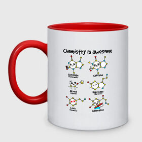 Кружка двухцветная с принтом Chemistry is awesome , керамика | объем — 330 мл, диаметр — 80 мм. Цветная ручка и кайма сверху, в некоторых цветах — вся внутренняя часть | adrenaline | alcohol | caffeine | chocolate | happiness | love | адреналин | атомы | кофеин | любовь | молекулы | потрясающая. наука | связи | счастье | удивительная | химия | шоколад