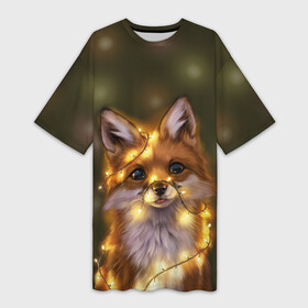 Платье-футболка 3D с принтом Лисёнок и гирлянда ,  |  | лампочки | лис | лиса | лисица | огоньки | праздник | рыжая
