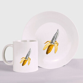 Набор: тарелка + кружка с принтом BANANA , керамика | Кружка: объем — 330 мл, диаметр — 80 мм. Принт наносится на бока кружки, можно сделать два разных изображения. 
Тарелка: диаметр - 210 мм, диаметр для нанесения принта - 120 мм. | banana | knife | pop art | банан | нож | оружие | поп арт