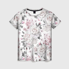 Женская футболка 3D с принтом Белые розы , 100% полиэфир ( синтетическое хлопкоподобное полотно) | прямой крой, круглый вырез горловины, длина до линии бедер | bouquets | color | gray | leave | lowers | ornament | patterns | pink | roses | букеты | графика | искусство | картинка | красивый | крутой | листья | мода | модный | молодёжная | орнамент | рисунок | розовые | розы | рукоделие | серый