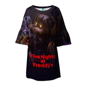Детское платье 3D с принтом Five Nights at Freddy`s , 100% полиэстер | прямой силуэт, чуть расширенный к низу. Круглая горловина, на рукавах — воланы | Тематика изображения на принте: five nights at freddy s | game | horror | игры | механические куклы | ночь | охранник | пять ночей у фредди | светящиеся глаза | ужас