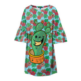 Детское платье 3D с принтом Веселый кактус , 100% полиэстер | прямой силуэт, чуть расширенный к низу. Круглая горловина, на рукавах — воланы | Тематика изображения на принте: веселый кактус | зеленый | иголки | кактусы | колючий | летний | лето | настроение | прикольный | радостный | счастье | цветок | цветы | эмоции