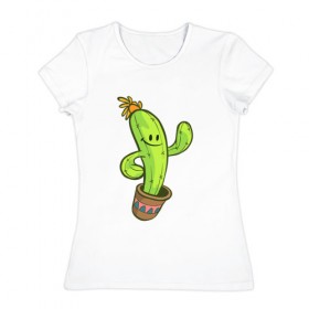 Женская футболка хлопок с принтом Веселый кактус , 100% хлопок | прямой крой, круглый вырез горловины, длина до линии бедер, слегка спущенное плечо | 