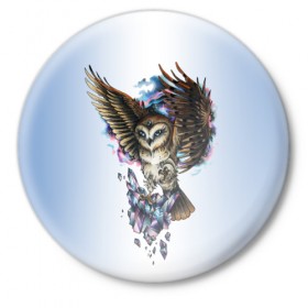 Значок с принтом сова ,  металл | круглая форма, металлическая застежка в виде булавки | owl | кристаллы | ночь | птица | сова | филин