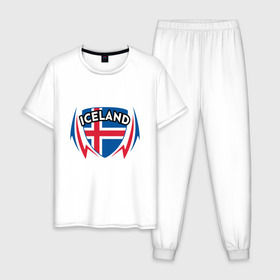 Мужская пижама хлопок с принтом Исландия , 100% хлопок | брюки и футболка прямого кроя, без карманов, на брюках мягкая резинка на поясе и по низу штанин
 | Тематика изображения на принте: coach | football | game | iceland | soccer | sport | team | викинг | вратарь | гол | игра | игрок | исландия | кубок | мяч | победа | сборная | соккер | спорт | спортсмен | тренер | флаг | футбол | футболист | чемпион | чемпионат