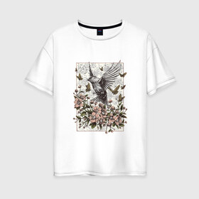 Женская футболка хлопок Oversize с принтом Птица и бабочки , 100% хлопок | свободный крой, круглый ворот, спущенный рукав, длина до линии бедер
 | абстракция | арт | бабочки | весенняя | калибри | картина | легкость | минимализм | природа | птица | свежесть | светлая | цветы