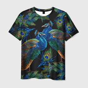 Мужская футболка 3D с принтом Павлины , 100% полиэфир | прямой крой, круглый вырез горловины, длина до линии бедер | Тематика изображения на принте: birds | exotic | jungle | pal | peacocks | tropical | акварель | ветки | вышивка | геометрический | графика | джунгли | иллюстрация | картинка | мода | молодежная | орнамент | павлины | пальмы | перья | птицы | рисунок