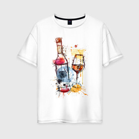Женская футболка хлопок Oversize с принтом Винишко арт , 100% хлопок | свободный крой, круглый ворот, спущенный рукав, длина до линии бедер
 | акварель | бокал | бутылка | вино | винцо | грусть | краски | одна